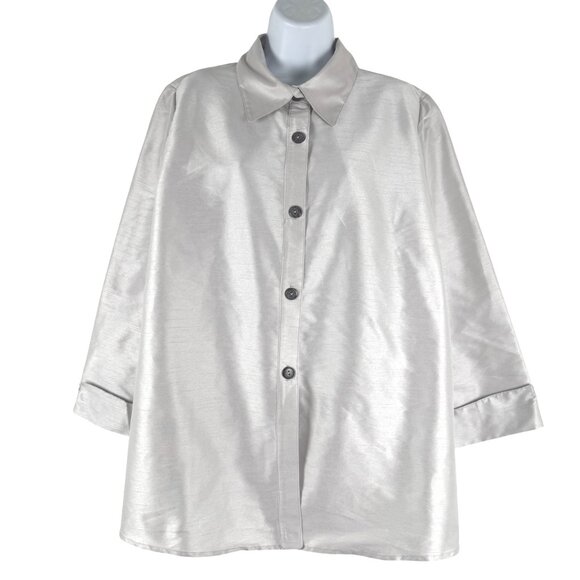IC Collection Button Front Blouse Shirt 2XL Silver Cuffed Polyester TP-3463 - Picture 1 of 13